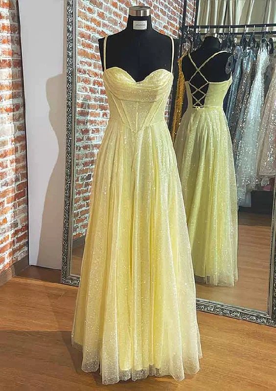 Yellow Prom Dresses, A-line Sweetheart Spaghetti Straps Long/Floor-Length Tulle Prom Dress With Pleated Glitter Yellow Prom Dresses, A-line Sweetheart Spaghetti Straps Long/Floor-Length Tulle Prom Dress With Pleated Glitter