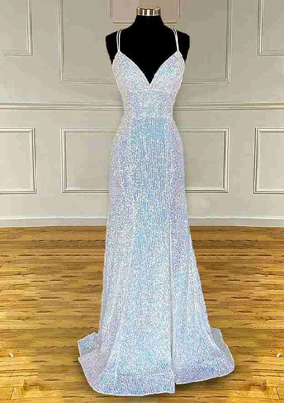 Sheath/Column V Neck Spaghetti Straps Sweep Train Sequined Prom Dress With Pleated