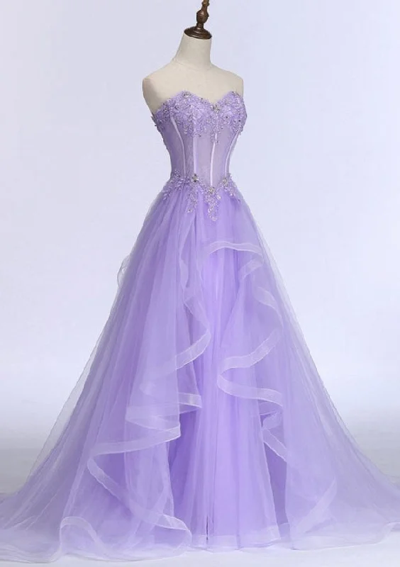 Sleeveless Sweetheart Sweep Train A-line/Princess Tulle Prom Dress With Beading Appliqued Sleeveless Sweetheart Sweep Train A-line/Princess Tulle Prom Dress With Beading Appliqued