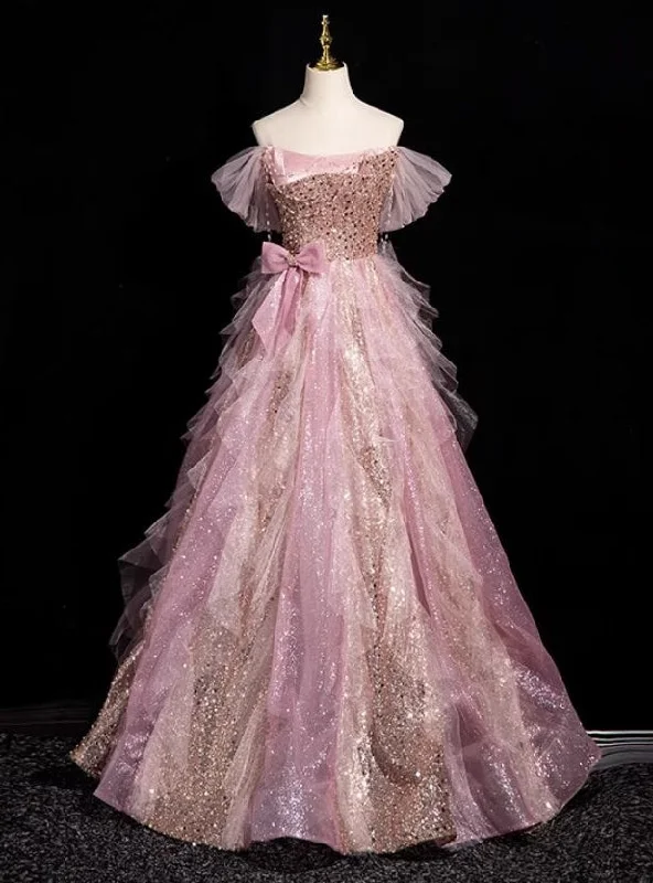 Pink Tulle Sequins Beading Bow Prom Dress