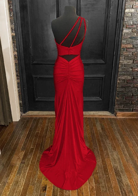 Sheath/Column One-Shoulder Sleeveless Jersey Long/Floor-Length Red Prom Dress With Pleated Split Sheath/Column One-Shoulder Sleeveless Jersey Long/Floor-Length Red Prom Dress With Pleated Split