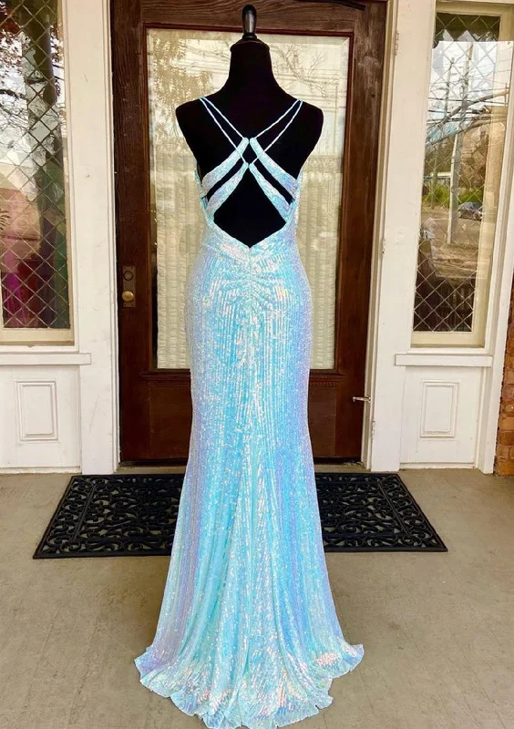 Fantasy Prom Dresses, Sheath/Column V Neck Spaghetti Straps Sweep Train Sequined Prom Dress With Split Fantasy Prom Dresses, Sheath/Column V Neck Spaghetti Straps Sweep Train Sequined Prom Dress With Split
