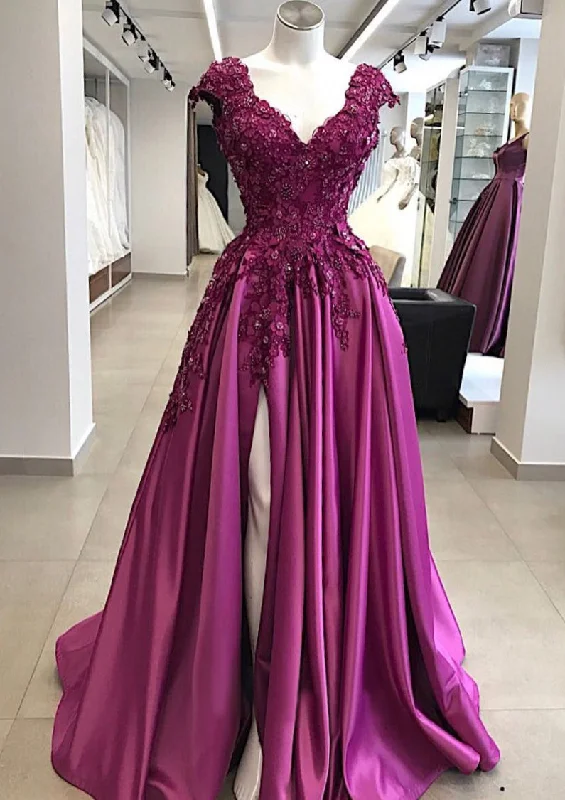 Vintage Prom Dresses 90S, A-line/Princess V Neck Sleeveless Long/Floor-Length Satin Prom Dress with Appliqued Beading Split Vintage Prom Dresses 90S, A-line/Princess V Neck Sleeveless Long/Floor-Length Satin Prom Dress with Appliqued Beading Split