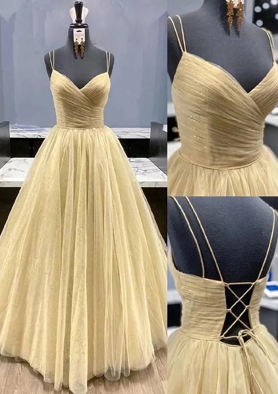 Yellow Prom Dresses, V Neck Sleeveless Long/Floor-Length Tulle Ball Gown With Pleated Sequins Yellow Prom Dresses, V Neck Sleeveless Long/Floor-Length Tulle Ball Gown With Pleated Sequins