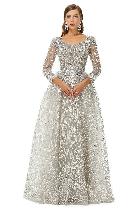 A-line V-neck Beading Floor-length Long Sleeve Open Back Lace Prom Dresses