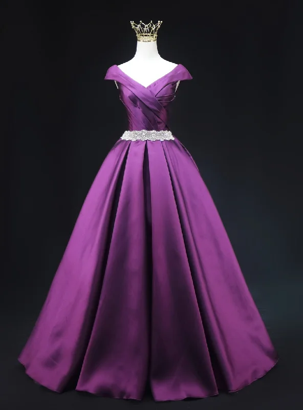 Purple Satin V-neck Pleats Beading Prom Dress