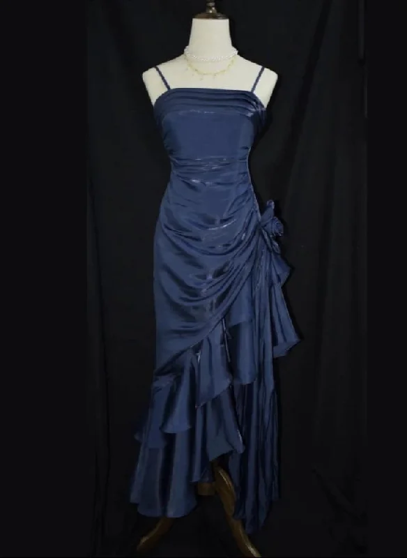 Dark Blue Vintage Floral Elegant Dress Asymmetrical Hem Prom Gown