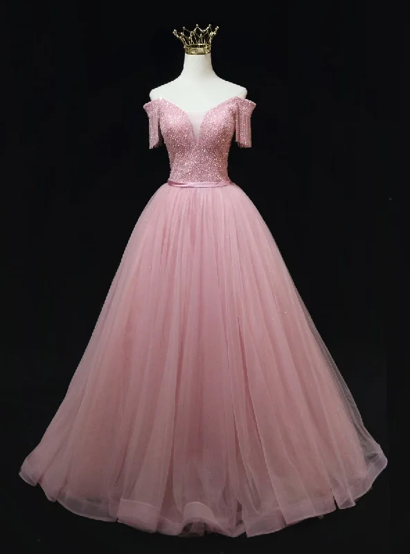 Pink Tulle Off the Shouder Beading Prom Dress