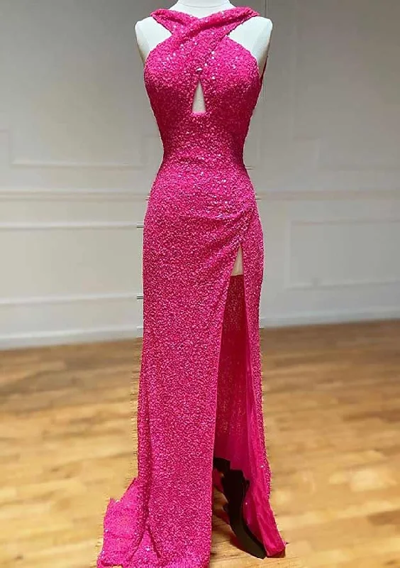 Sheath/Column Halter Sleeveless Court Train Velvet Sequins Prom Dress With Split