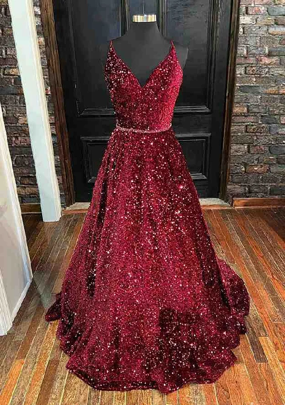 Unique Prom Dresses, A-line V Neck Spaghetti Straps Long/Floor-Length Velvet Sequins Prom Dress With Beading Unique Prom Dresses, A-line V Neck Spaghetti Straps Long/Floor-Length Velvet Sequins Prom Dress With Beading