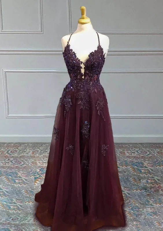 Tulle Cabernet Prom Dress A-line V Neck Spaghetti Straps Long/Floor-Length With Beading Sequins Appliqued Tulle Cabernet Prom Dress A-line V Neck Spaghetti Straps Long/Floor-Length With Beading Sequins Appliqued