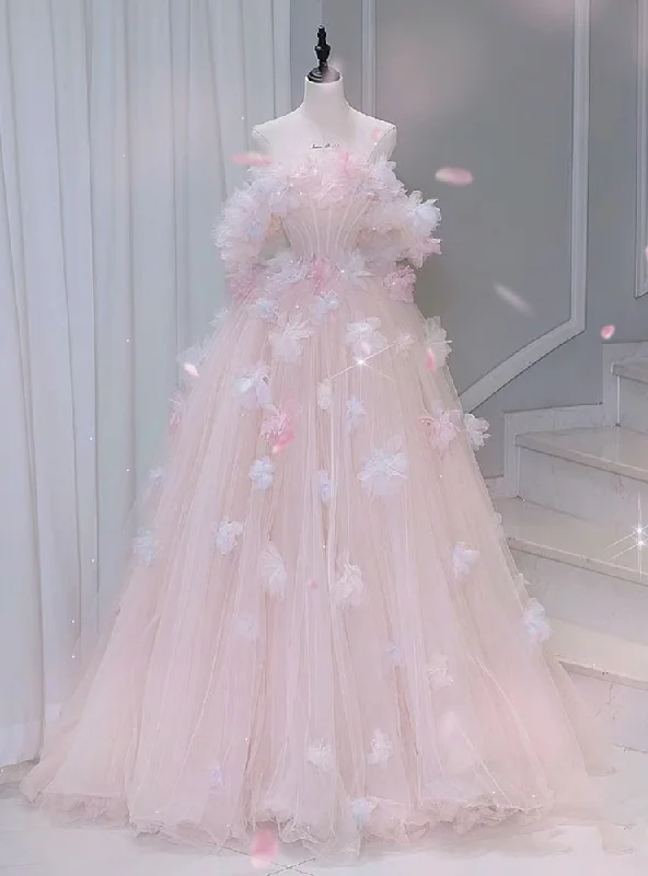 Pink Tulle Off the Shoulder Flower Prom Dress