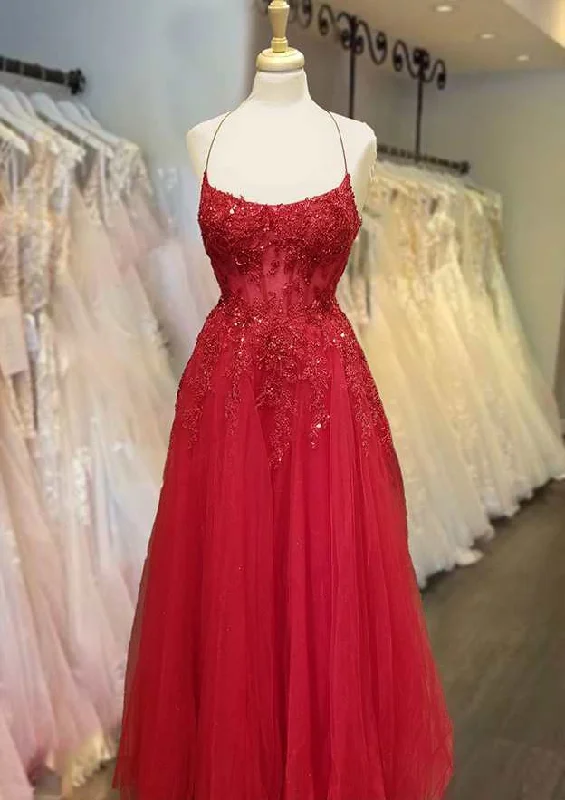 A-line Square Neckline Spaghetti Straps Long/Floor-Length Tulle Prom Dress With Appliqued Beading Glitter A-line Square Neckline Spaghetti Straps Long/Floor-Length Tulle Prom Dress With Appliqued Beading Glitter