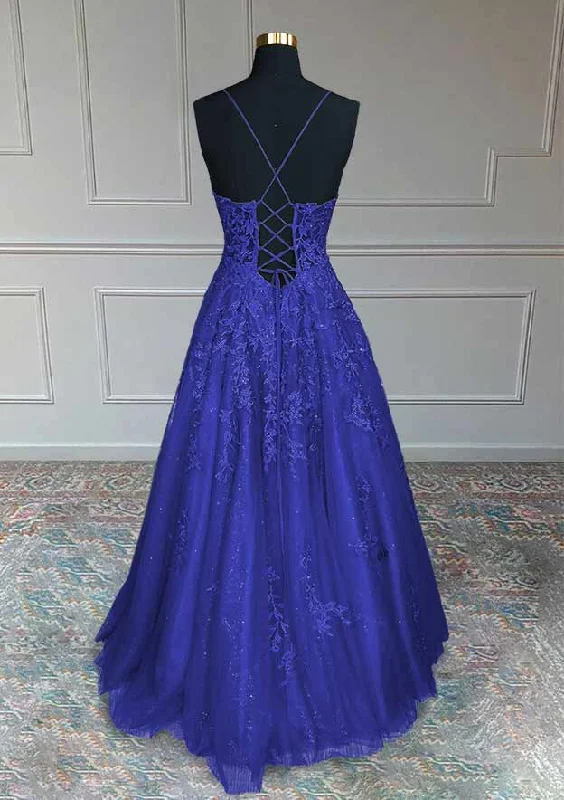 Royal Blue Prom Dresses, A-line V Neck Spaghetti Straps Long/Floor-Length Tulle Prom Dress With Appliqued Beading Glitter Royal Blue Prom Dresses, A-line V Neck Spaghetti Straps Long/Floor-Length Tulle Prom Dress With Appliqued Beading Glitter