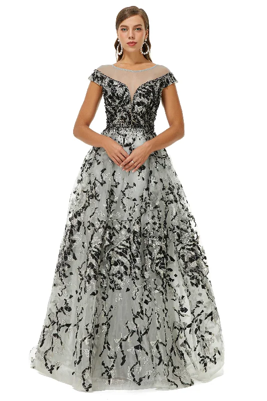 A-line Jewel Beaded Floor-length cap sleeve Sequined Prom Dresses