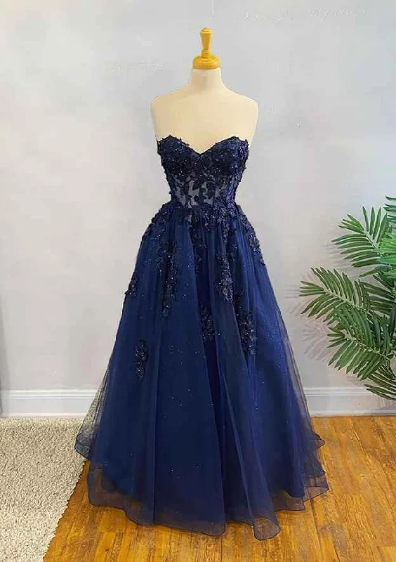 A-line Sweetheart Strapless Long/Floor-Length Tulle Prom Dress With Appliqued Sequins Glitter A-line Sweetheart Strapless Long/Floor-Length Tulle Prom Dress With Appliqued Sequins Glitter