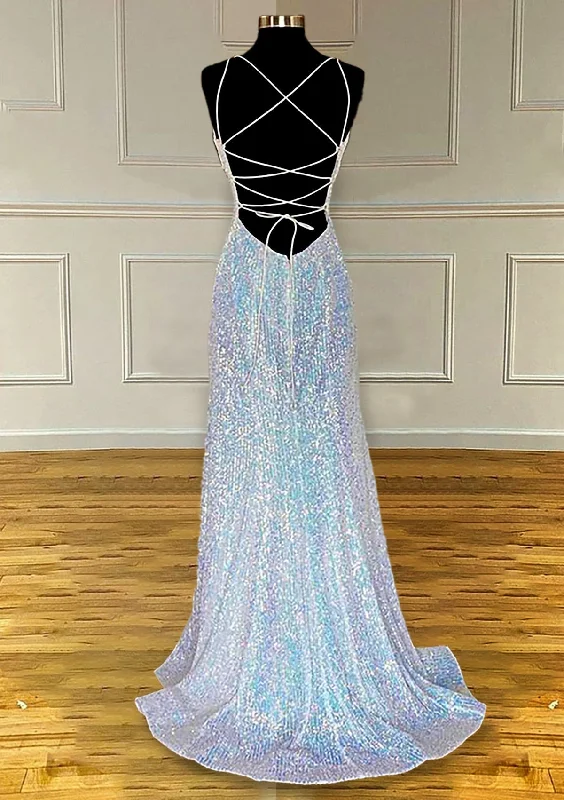 Pretty Prom Dresses, Sheath/Column V Neck Spaghetti Straps Sweep Train Sequined Prom Dress With Pleated Pretty Prom Dresses, Sheath/Column V Neck Spaghetti Straps Sweep Train Sequined Prom Dress With Pleated