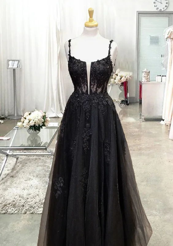 Black Prom Dresses, A-line Square Neckline Spaghetti Straps Long/Floor-Length Tulle Prom Dress With Glitter Beading Appliqued Black Prom Dresses, A-line Square Neckline Spaghetti Straps Long/Floor-Length Tulle Prom Dress With Glitter Beading Appliqued