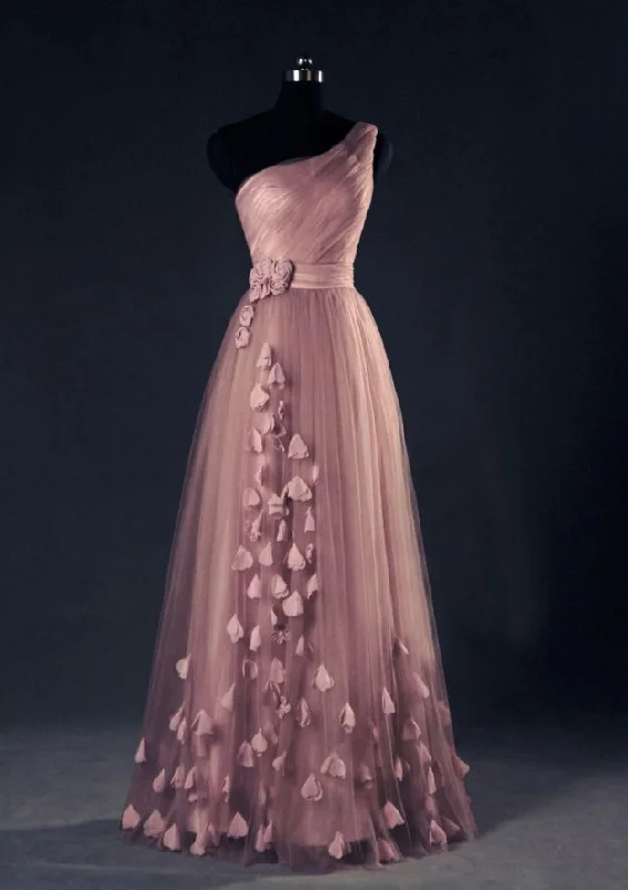 One-Shoulder Long/Floor-Length A-Line/Princess Tulle Prom Dresses With Flowers Waistband One-Shoulder Long/Floor-Length A-Line/Princess Tulle Prom Dresses With Flowers Waistband