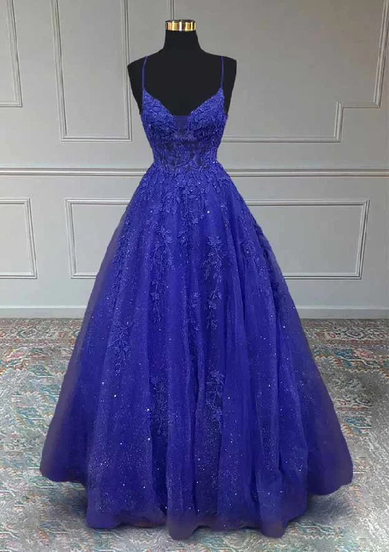 A-line V Neck Spaghetti Straps Long/Floor-Length Tulle Prom Dress With Appliqued Beading Glitter A-line V Neck Spaghetti Straps Long/Floor-Length Tulle Prom Dress With Appliqued Beading Glitter