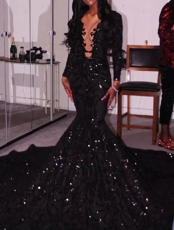 Black Deep V Neck Long Prom Dress , Mearmaid Prom Dress