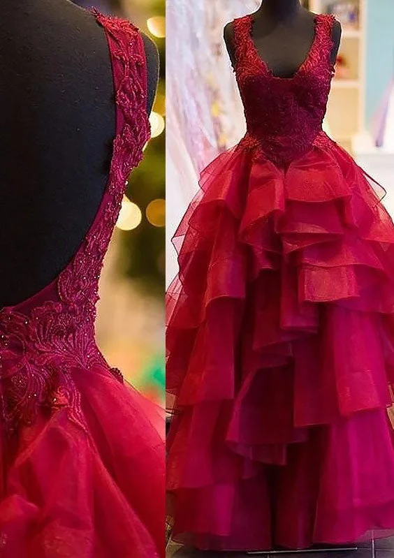 Red Prom Dresses, Ball Gown Square Neckline Sleeveless Long/Floor-Length Organza Prom Dress With Ruffles Appliqued Beading Red Prom Dresses, Ball Gown Square Neckline Sleeveless Long/Floor-Length Organza Prom Dress With Ruffles Appliqued Beading