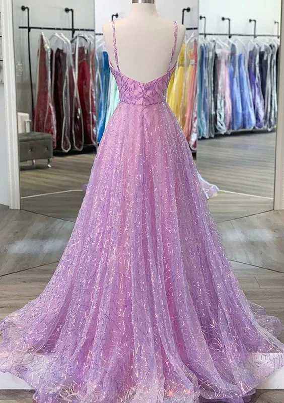 Unique Prom Dresses, A-line V Neck Spaghetti Straps Sweep Train Sequined Prom Dress With Pleated Unique Prom Dresses, A-line V Neck Spaghetti Straps Sweep Train Sequined Prom Dress With Pleated
