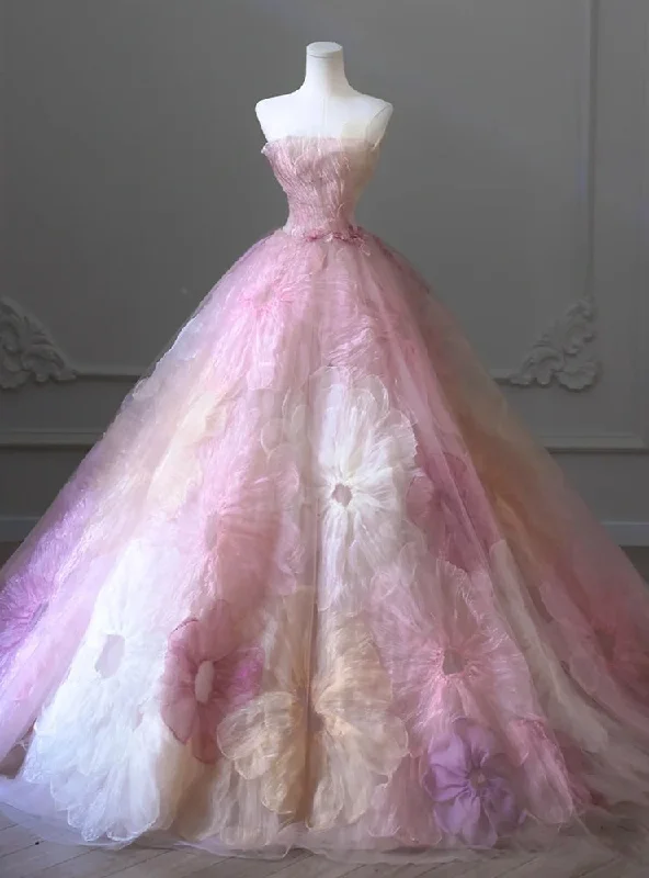 Pink Tulle Strapless Flower Prom Dress