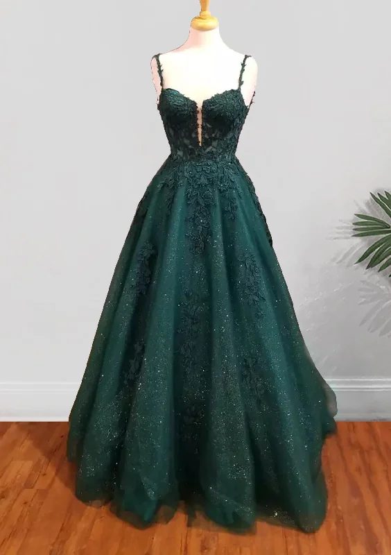 Dark Green Prom Dresses, A-line Sweetheart Spaghetti Straps Long/Floor-Length Tulle Prom Dress With Beading Glitter Appliqued Dark Green Prom Dresses, A-line Sweetheart Spaghetti Straps Long/Floor-Length Tulle Prom Dress With Beading Glitter Appliqued