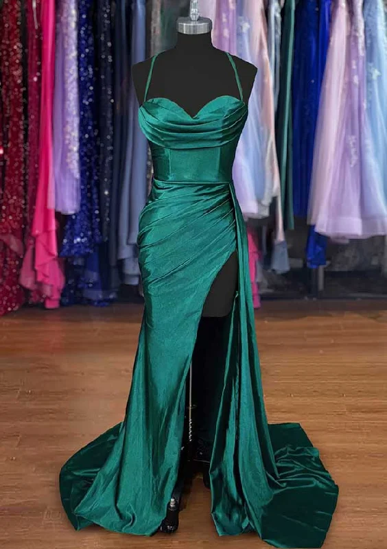 A-line Sweetheart Spaghetti Straps Sweep Train Silk like Satin Ruched Prom Dress- Prom Dresses A-line Sweetheart Spaghetti Straps Sweep Train Silk like Satin Ruched Prom Dress- Prom Dresses
