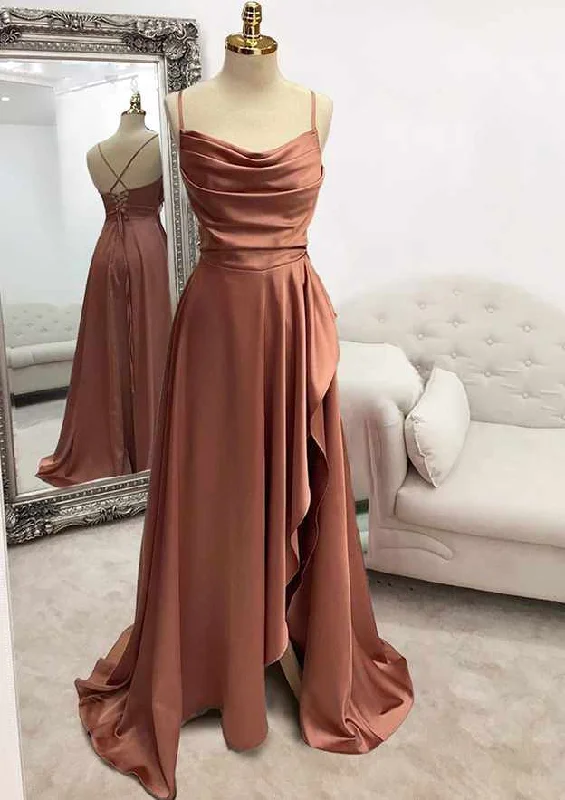 Simple Prom Dresses, A-line Bateau Spaghetti Straps Long/Floor-Length Satin Prom Dress With Pleated Split Simple Prom Dresses, A-line Bateau Spaghetti Straps Long/Floor-Length Satin Prom Dress With Pleated Split