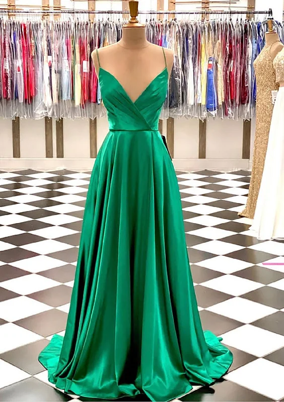 Hunter Green Prom Dresses, A-line V Neck Spaghetti Straps Sweep Train Charmeuse Prom Dress With Pleated Hunter Green Prom Dresses, A-line V Neck Spaghetti Straps Sweep Train Charmeuse Prom Dress With Pleated
