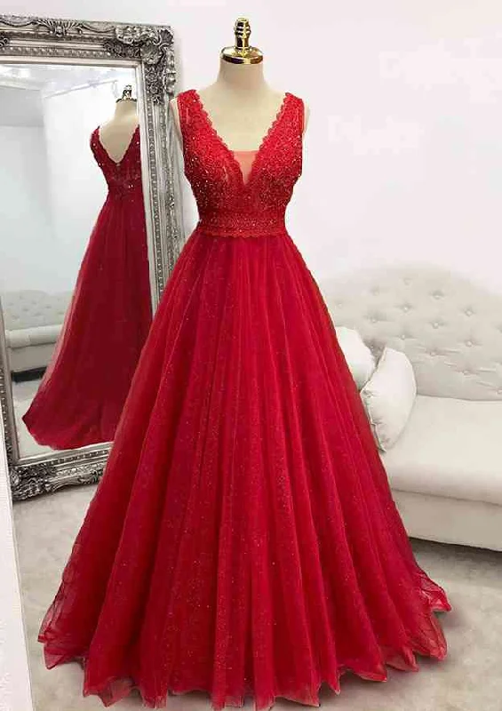 Sparkly Red Prom Dresses, A-line Princess V Neck Long/Floor-Length Tulle Prom Dress With Appliqued Beading Glitter Sparkly Red Prom Dresses, A-line Princess V Neck Long/Floor-Length Tulle Prom Dress With Appliqued Beading Glitter