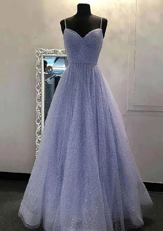 A-line V Neck Spaghetti Straps Long/Floor-Length Tulle Prom Dress With Beading Sequins A-line V Neck Spaghetti Straps Long/Floor-Length Tulle Prom Dress With Beading Sequins