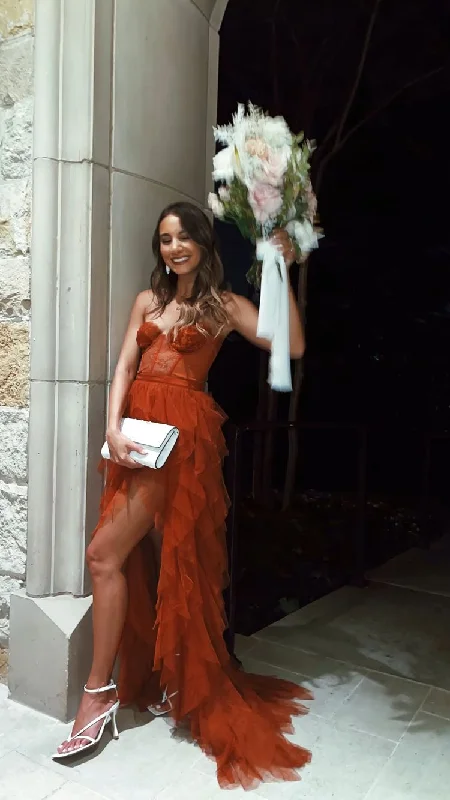 Rust Red Sweetheart High Low Tiered Formal Prom Dress