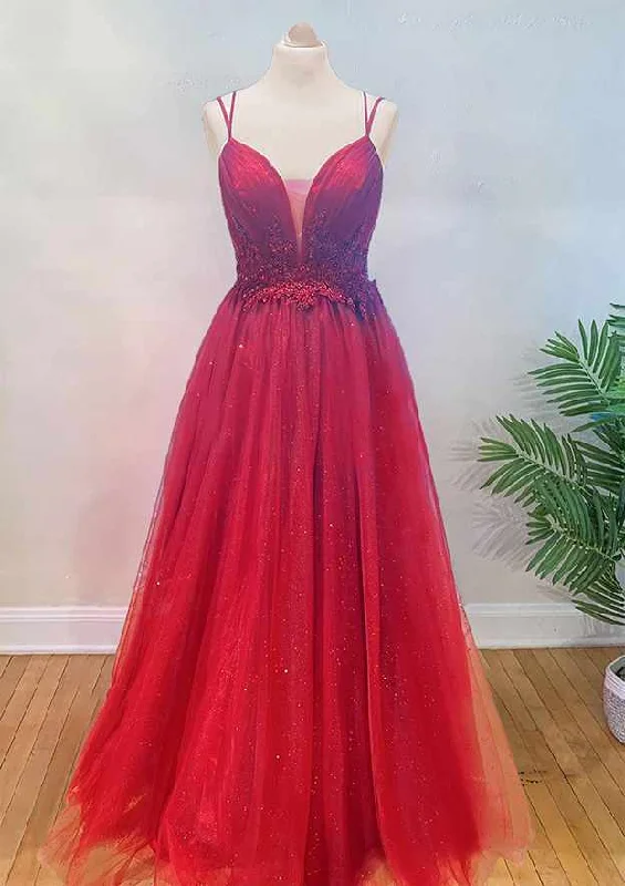 A-line V Neck Spaghetti Straps Long/Floor-Length Tulle Prom Dress With Appliqued Beading Pleated Glitter A-line V Neck Spaghetti Straps Long/Floor-Length Tulle Prom Dress With Appliqued Beading Pleated Glitter