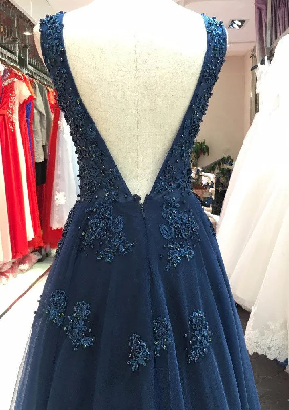 Tulle Dark Navy Prom Dress A-Line/Princess V-Neck Long/Floor-Length With Beaded Appliqued Tulle Dark Navy Prom Dress A-Line/Princess V-Neck Long/Floor-Length With Beaded Appliqued