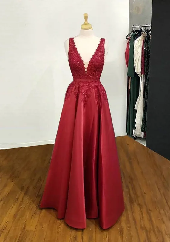 A-line V Neck Regular Straps Long/Floor-Length Satin Prom Dress With Appliqued Beading A-line V Neck Regular Straps Long/Floor-Length Satin Prom Dress With Appliqued Beading