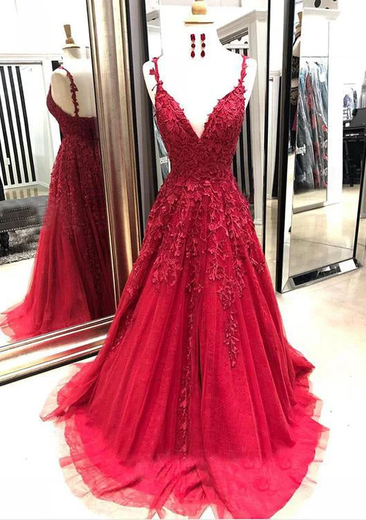 Red Prom Dresses, A-line/Princess V Neck Sleeveless Sweep Train Tulle Prom Dress With Appliqued Red Prom Dresses, A-line/Princess V Neck Sleeveless Sweep Train Tulle Prom Dress With Appliqued