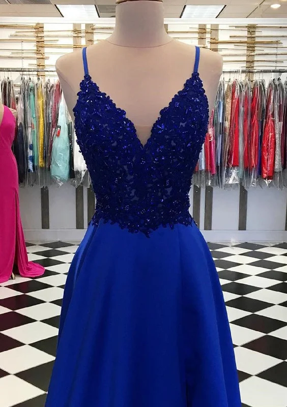 Royal Blue Prom Dresses, A-line V Neck Regular Straps Long/Floor-Length Satin Prom Dress With Appliqued Beading Royal Blue Prom Dresses, A-line V Neck Regular Straps Long/Floor-Length Satin Prom Dress With Appliqued Beading