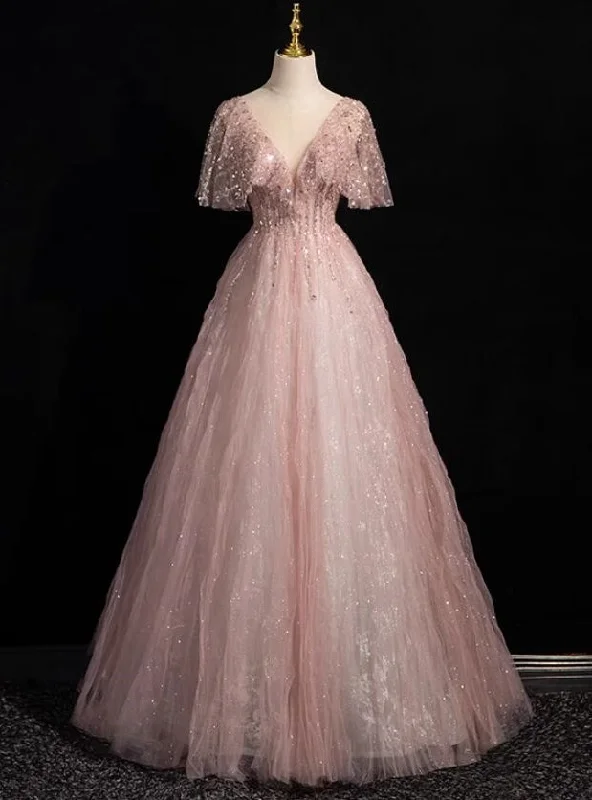 Pink Tulle Sequins See Through V-neck Prom Dress