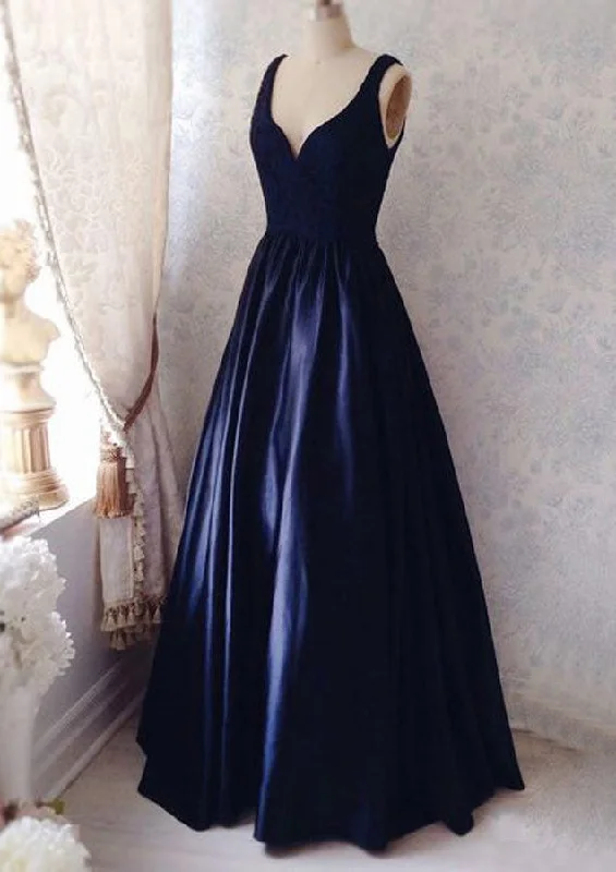 Dark Navy Prom Dresses, A-line/Princess V Neck Sleeveless Long/Floor-Length Satin Prom Dress Dark Navy Prom Dresses, A-line/Princess V Neck Sleeveless Long/Floor-Length Satin Prom Dress