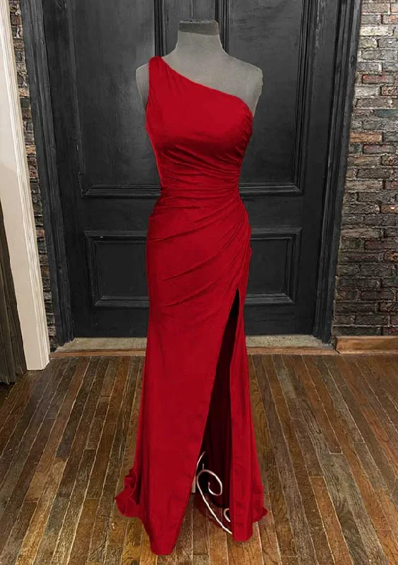 Sheath/Column One-Shoulder Sleeveless Jersey Long/Floor-Length Prom Dress With Pleated Split Sheath/Column One-Shoulder Sleeveless Jersey Long/Floor-Length Prom Dress With Pleated Split