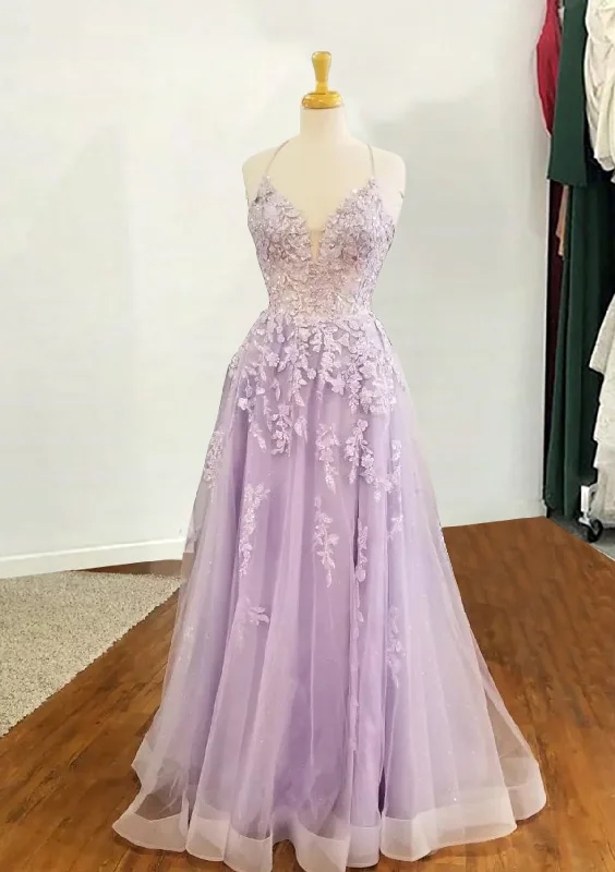 Lilac Prom Dresses, A-line V Neck Spaghetti Straps Long/Floor-Length Tulle Prom Dress With Appliqued Sequins Lilac Prom Dresses, A-line V Neck Spaghetti Straps Long/Floor-Length Tulle Prom Dress With Appliqued Sequins