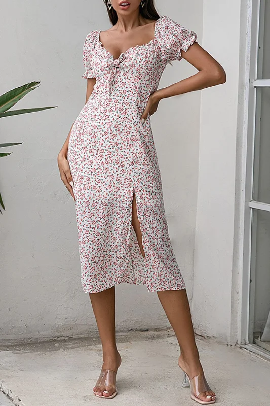 Ditsy Floral Puff Sleeve Slit Dress