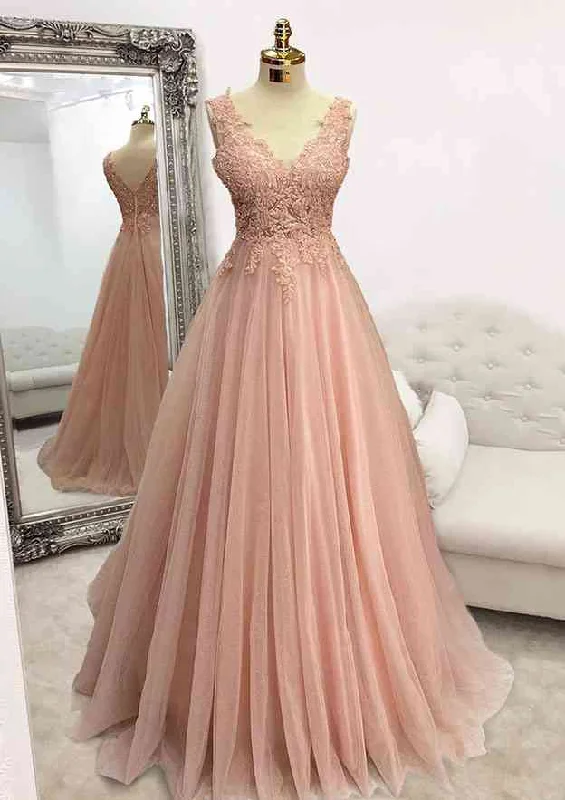 Pearl Pink Prom Dresses, A-line V Neck Sleeveless Long/Floor-Length Tulle Glitter Prom Dress With Appliqued Beading Pearl Pink Prom Dresses, A-line V Neck Sleeveless Long/Floor-Length Tulle Glitter Prom Dress With Appliqued Beading