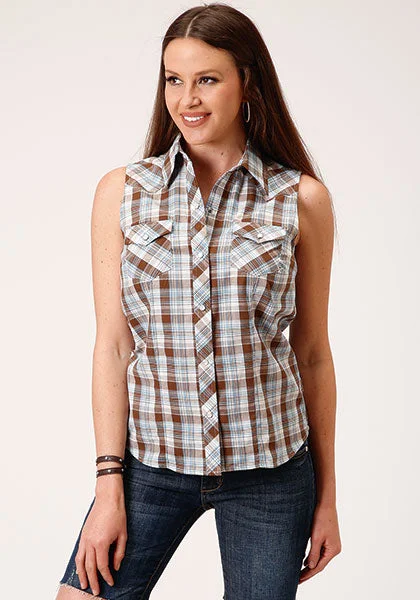 Roper Women Sleeveless Shirt Snap Woven Brown, Blue & White Plaid Stylish Printed Short Shirt Roper Women Sleeveless Shirt Snap Woven Brown, Blue & White Plaid Stylish Printed Short Shirt