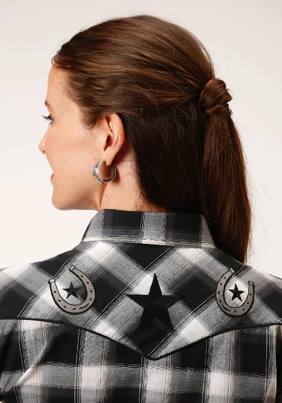 WOMENS LONG SLEEVE SNAP BLACK CHARCOAL AND WHITE PLAID WESTERN SHIRT Modern Fit Short Sleeve WOMENS LONG SLEEVE SNAP BLACK CHARCOAL AND WHITE PLAID WESTERN SHIRT Modern Fit Short Sleeve