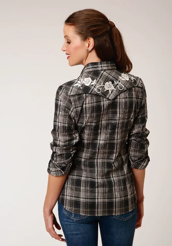WOMENS LONG SLEEVE SNAP BLACK AND CREAM PLAID WESTERN SHIRT Stylish Split-Hem Short Shirt WOMENS LONG SLEEVE SNAP BLACK AND CREAM PLAID WESTERN SHIRT Stylish Split-Hem Short Shirt