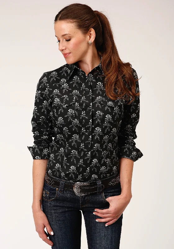WOMENS LONG SLEEVE SNAP BLACK AND CREAM FLORAL PRINT WESTERN SHIRT Stylish Round Neck Shirt WOMENS LONG SLEEVE SNAP BLACK AND CREAM FLORAL PRINT WESTERN SHIRT Stylish Round Neck Shirt